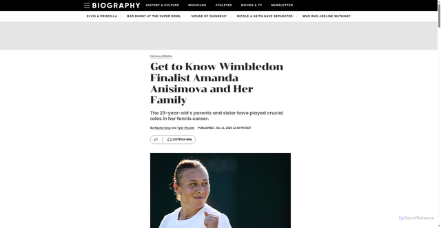 Security scan screenshot of https://www.biography.com/athletes/a65371829/amanda-anisimova-parents-sister