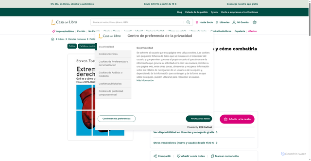 Security scan screenshot of https://www.casadellibro.com/libro-extrema-derecha-20-que-es-y-como-combatirla/9788432320309/12605286?srsltid=AU7gw4VLJujigbTN5Mzcan_bzcm6fVT5lmMftab_Xl-lBLcTWYbc1kp-