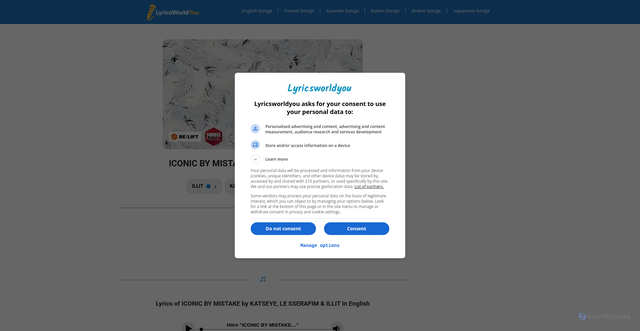 Security scan screenshot of https://lyricsworldyou.com/iconic-by-mistake-lyrics-english-katseye/