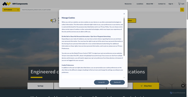 Security scan screenshot of https://www.mwcomponents.com