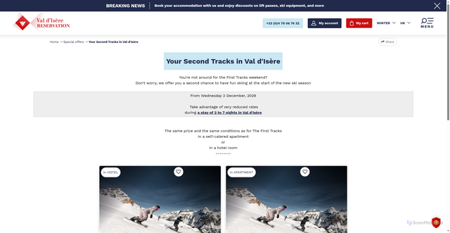 Security scan screenshot of https://booking.valdisere.com/second-tracks-ski-val-d-isere.html?lid=gvrjdrls5mks