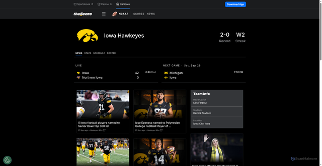 Security scan screenshot of https://staging.thescore.com/ncaaf/teams/306-iowa-hawkeyes