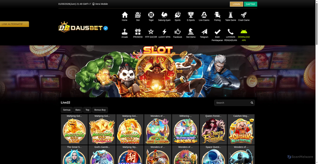 Security scan screenshot of https://dausbetkuberani.click/desktop/game/slot/live22