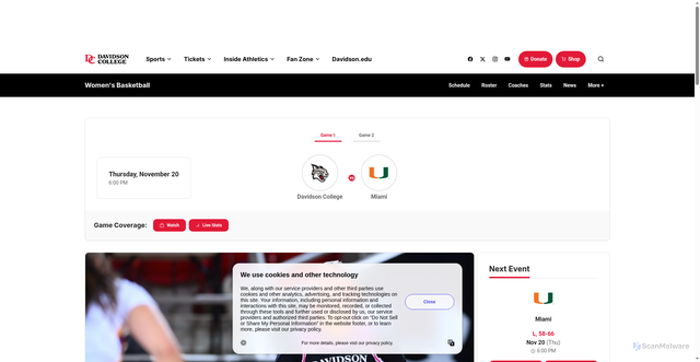 Security scan screenshot of https://davidsonwildcats.com/news/2025/11/19/womens-basketball-cats-head-to-wbca-showcase-to-face-miami-and-7-baylor