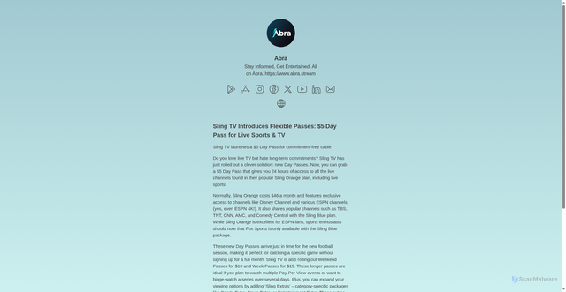 Security scan screenshot of https://blog.abra.stream/sling-tv-introduces-flexible-passes-5-day-pass-for-live-sports-tv/