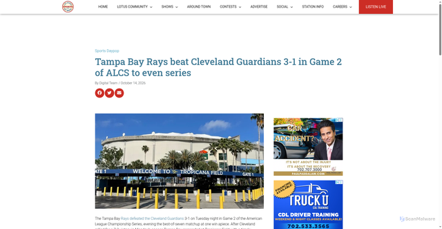 Security scan screenshot of https://www.lvsportsnetwork.com/2026/10/14/tampa-bay-rays-beat-cleveland-guardians-3-1-in-game-2-of-alcs-to-even-series/