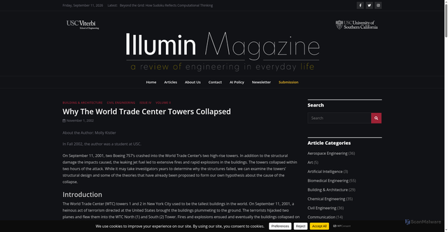 Security scan screenshot of https://illumin.usc.edu/why-the-world-trade-center-towers-collapsed/