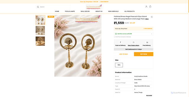 Security scan screenshot of https://kunjkreationsstudio.com/Polished-Brass-Regal-Peacock-Diya-Stand-With-Oil-Lamp-Medium/catalogue/fFMUPC2U/oR1-WqWp