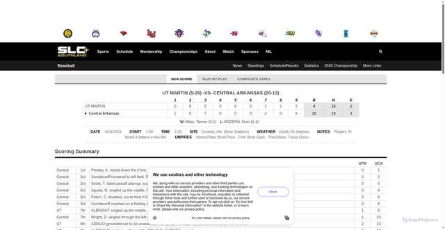 Security scan screenshot of https://www.southland.org/boxscore.aspx?id=ZFozhBpRGwrsYlUeG3xE1Hn95ESa6qIFhCkFwTqzTR9OinoGaQzCYUDu3digJMm7Uu5cjIX9BIFpKfMuzw00Mj5Ww046KfIMRFeEGkWrexV2VU3cozGtkQp2vkn%2Bd2LZUJjgBVuSJaUreBxbqHXVTW6vFGd%2F4bsnk5XDDcFZg5w%3D&path=baseball