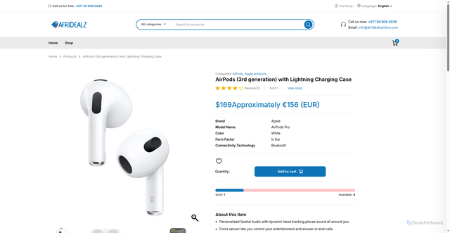 Security scan screenshot of https://afridealzonline.com/product/airpods-3rd-generation-with-lightning-charging-case/