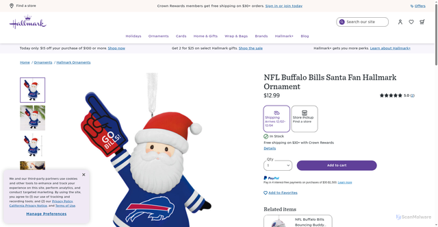Security scan screenshot of https://www.hallmark.com/ornaments/hallmark-ornaments/nfl-buffalo-bills-santa-fan-hallmark-ornament-1OSL2576.html