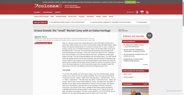 Security scan screenshot of https://www.9colonne.it/63499/ariana-grande-the-small-mariah-carey-with-an-italian-heritage