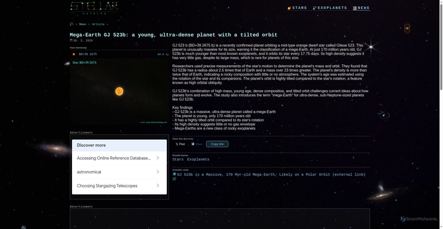 Security scan screenshot of https://www.stellarcatalog.com/news/mega-earth-gj-523b-a-young-ultra-dense-planet-with