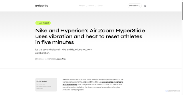 Security scan screenshot of https://wellworthy.com/nike-and-hyperices-air-zoom-hyperslide-uses-vibration-and-heat-to-reset-athletes-in-five-minutes/