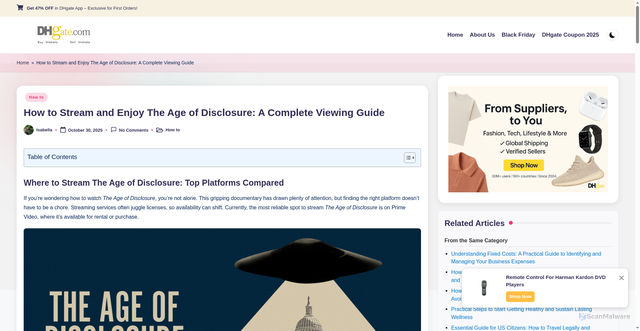 Security scan screenshot of https://smart.dhgate.com/how-to-stream-and-enjoy-the-age-of-disclosure-a-complete-viewing-guide/