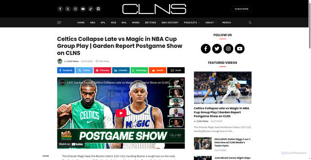 Security scan screenshot of https://www.clnsmedia.com/celtics-collapse-late-vs-magic-in-nba-cup-group-play-garden-report/