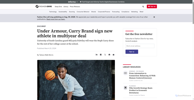 Security scan screenshot of https://www.fashiondive.com/news/under-armour-curry-brand-sign-milaysia-fulwiley-multiyear-deal/710811/