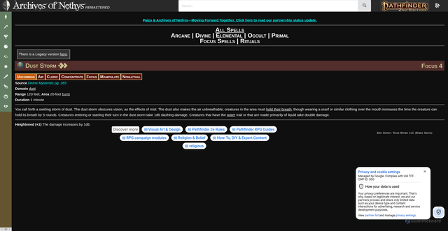 Security scan screenshot of https://2e.aonprd.com/Spells.aspx?ID=603
