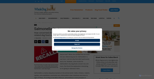 Security scan screenshot of https://www.whole-dog-journal.com/blog/salmonella-in-pet-food/