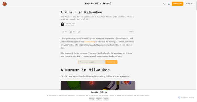 Security scan screenshot of https://knicksfilmschool.substack.com/p/a-murmur-in-milwaukee
