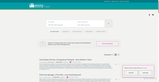 Security scan screenshot of https://apply.molinahealthcare.com/hcmUI/CandidateExperience/en/sites/CX_1/jobs