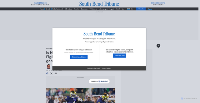 Security scan screenshot of https://www.southbendtribune.com/story/sports/college/football/2025/10/25/notre-dame-fighting-irish-college-football-schedule-bye-week-9/86862377007/