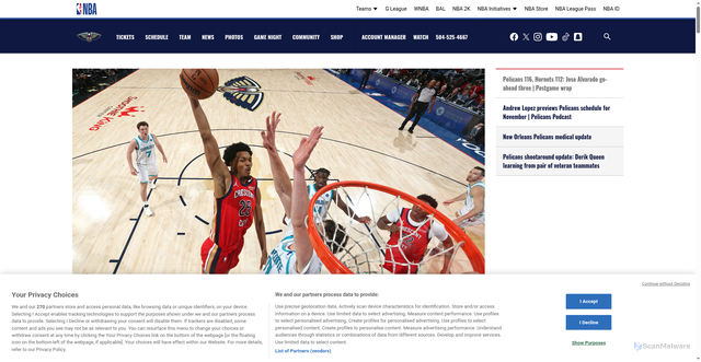 Security scan screenshot of https://pelicans.com/news/pelicans-116-hornets-112-jose-alvarado-go-ahead-three-postgame-wrap