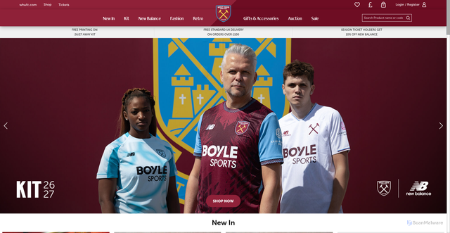Security scan screenshot of https://shop.whufc.com/?srsltid=AU7gw4WAB9Z6YIrI_7Q-H4vRrgbuwKuwrp3e9unBf4UK2GVbKoTGQQ92