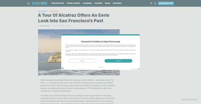 Security scan screenshot of https://www.explore.com/1169435/a-tour-of-alcatraz-offers-an-eerie-look-into-san-franciscos-past/