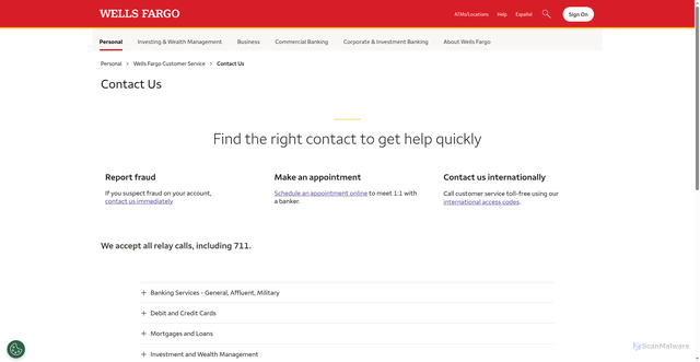 Security scan screenshot of https://www.wellsfargo.com/help/contact-us/