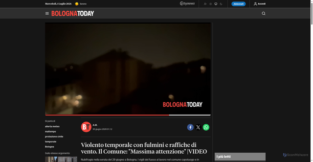 Security scan screenshot of https://www.bolognatoday.it/meteo/temporale-bologna-oggi-fulmini-video.html