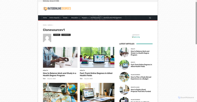 Security scan screenshot of https://ratedonlinedegrees.com/author/7dbbefa230babd33/