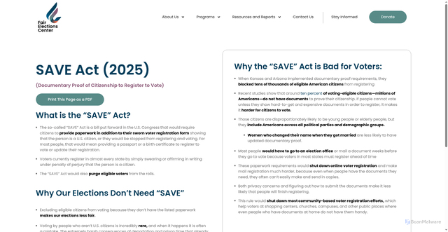Security scan screenshot of https://fairelectionscenter.org/advocacy/save-act-2025/