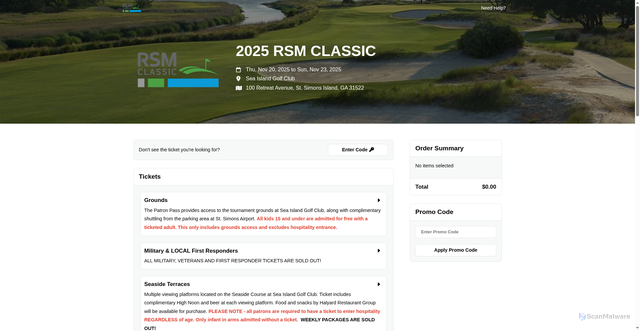 Security scan screenshot of https://tickets.rsmclassic.com/e/2025-rsm-classic/tickets