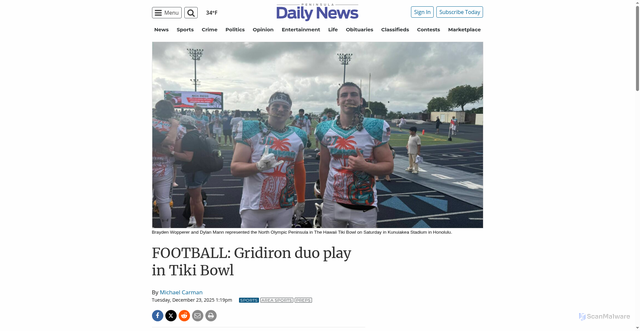 Security scan screenshot of https://www.peninsuladailynews.com/sports/football-gridiron-duo-play-in-tiki-bowl/