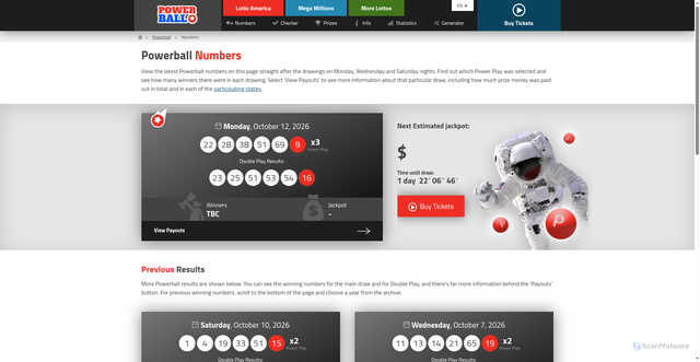 Security scan screenshot of https://www.lottoamerica.com/powerball/numbers/