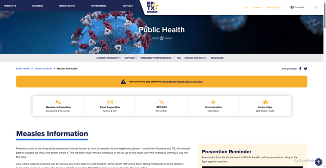 Security scan screenshot of https://www.elpasotexas.gov/public-health/current-incidents/measles-information/