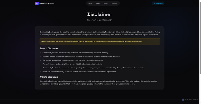 Security scan screenshot of https://communitydeals-sbujo9l32r.edgeone.dev/disclaimer.html