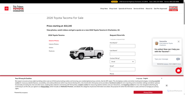 Security scan screenshot of https://www.toyotaofcharleston.com/models/toyota-tacoma-charleston-sc.htm