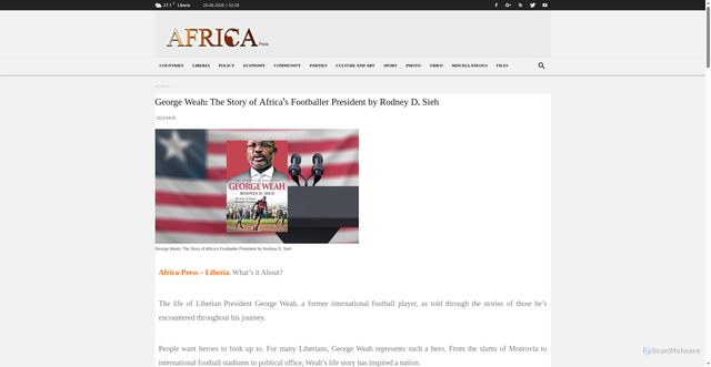 Security scan screenshot of https://www.africa-press.net/liberia/all-news/george-weah-the-story-of-africas-footballer-president-by-rodney-d-sieh
