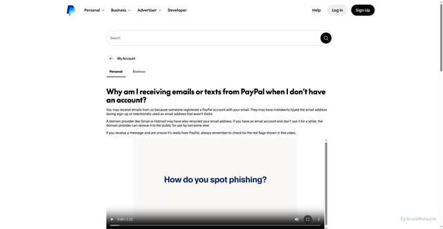 Security scan screenshot of https://www.paypal.com/us/cshelp/article/why-am-i-receiving-emails-or-texts-from-paypal-when-i-don%E2%80%99t-have-an-account-help385?v=1&utm_source=unp&utm_medium=email&utm_campaign=RT004167&utm_unptid=4f47a1c8-a83a-11f1-87e2-fbcc90b3b275&ppid=RT004167&cnac=US&rsta=en_US(en-US)&cust=WSFU9QUFW7D9J&unptid=4f47a1c8-a83a-11f1-87e2-fbcc90b3b275&calc.c47ca923859=&unp_tpcid=da_rt004167_pre_closure&page=main%3Aemail%3ART004167&pgrp=main%3Aemail&e=cl&mchn=em&s=ci&mail=sys&appVersion=1.439.0&tenant_name=PayPal&xt=185429182450185426175543104038183982184725180509&xe=115153114833115152114002101255114941115052114543&link_ref=article_why-am-i-receiving-emails-from-paypal-when-i-dont-have-an-account-faq4172