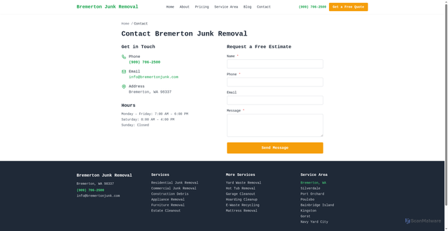 Security scan screenshot of https://bremerton-junk-removal.pages.dev/contact/