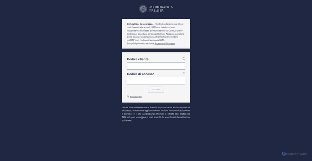 Security scan screenshot of http://areaclienti.mediobancapremier.com/