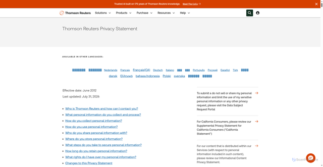 Security scan screenshot of https://www.thomsonreuters.com/en/privacy-statement?elqTrackId=ede246fe63d647d8b25bdab7d00c67d5&elq=86ec91059b4918946518cbea981754&elqaid=105387&elqat=1&elqCampaignId=94745&elqak=8AF5C086D533DC4EBA4AF7A6C9F0DA5B7B82374F8440590C93A5F56FB91149EA2555