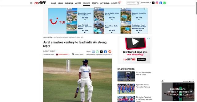 Security scan screenshot of https://www.rediff.com/cricket/report/shreyas-fails-sudharsan-hits-fifty-for-india-a-vs-australia-a/20250918.htm