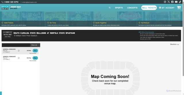 Security scan screenshot of https://epicseats.com/tickets/william-dick-price-stadium/3058274/south-carolina-state-bulldogs-at-norfolk-state-spartans-tickets.aspx