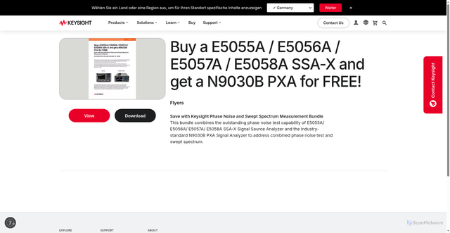 Security scan screenshot of https://www.keysight.com/us/en/assets/3125-1279/flyers/Buy-a-E5055A-E5056A-E5057A-E5058A-SSA-X-and-get-a-N9030B-PXA-for-FREE.pdf