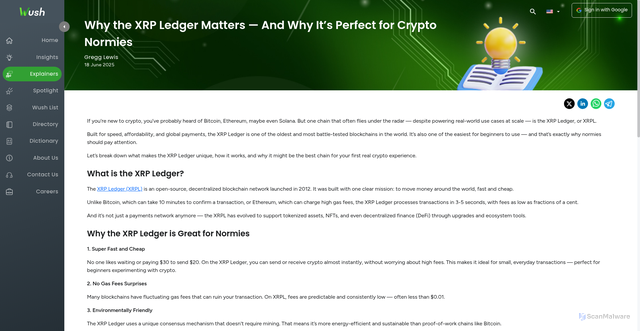 Security scan screenshot of https://wush.co/explainers/Why%20the%20XRP%20Ledger%20Matters