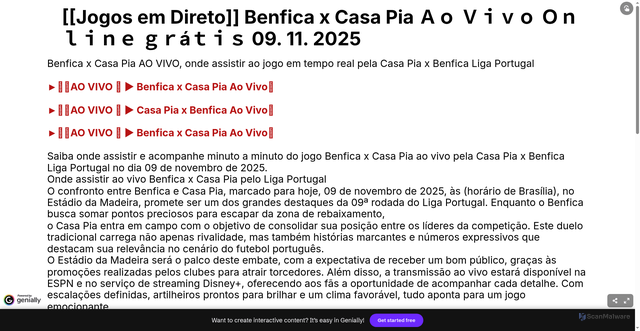 Security scan screenshot of https://view.genially.com/6910f6c5078b4c4a16d34406/interactive-content-jogos-em-direto-benfica-x-casa-pia-a-09-11-2025