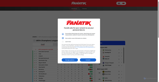 Security scan screenshot of https://www.fanatik.com.tr/en/league/uefa-champions-league/football/standings/